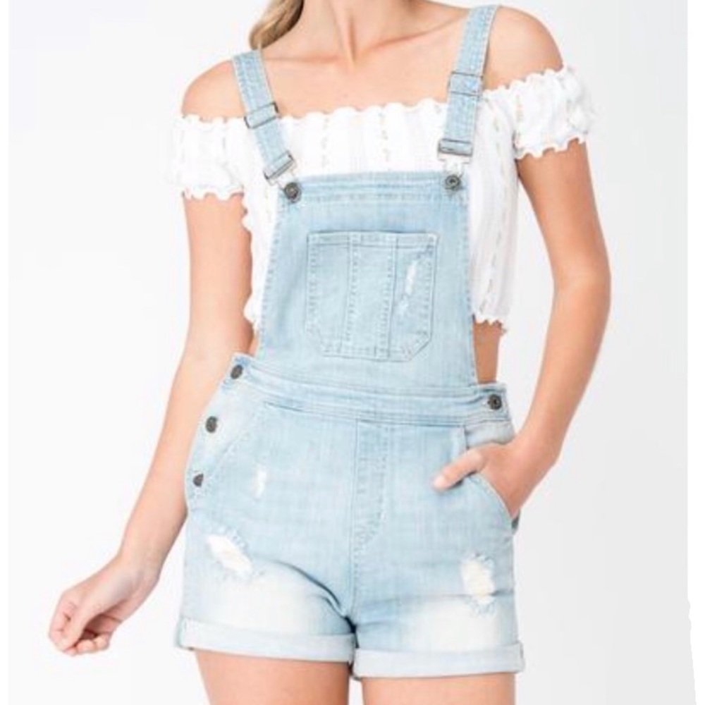 Sneak Peek Distressed Denim Jean Short Overalls Shortalls
